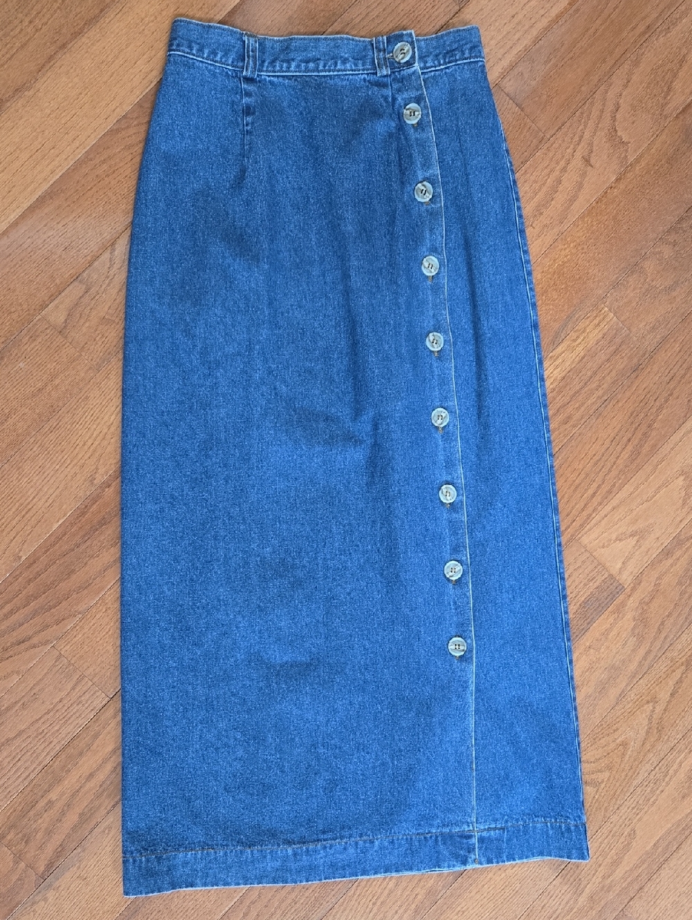 Van Heusen Blue Button-Front Denim Midi Skirt, Size Small